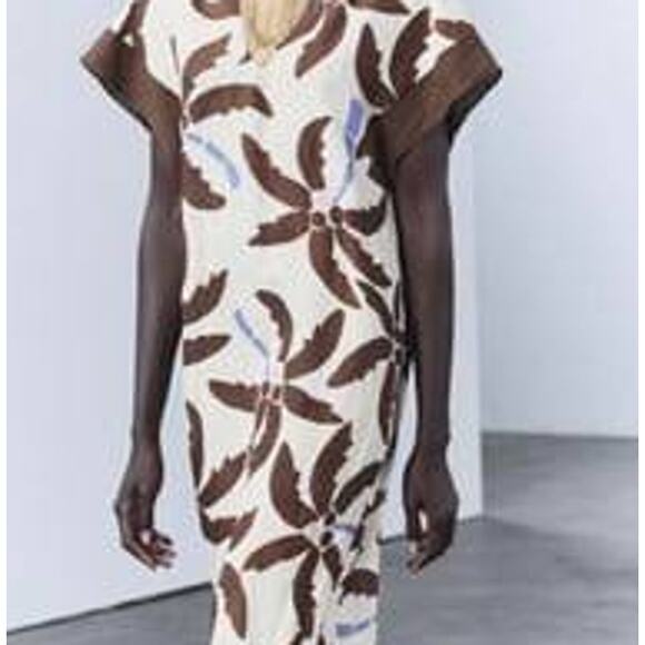 Zara Tropical Palm Tree Print Linen Tunic Maxi / Midi Dress Beige Size Medium - Picture 4 of 5